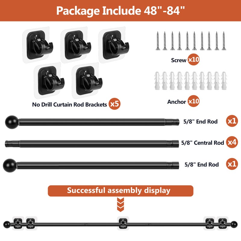 Tidisort Curtain Rods No Drilling for Windows 48 to 84-96 Inch,5/8 Inch Diameter Drapey Pole with No Drill Curtain Rod Brackets,Renter Friendly Cortineros Para Ventanas with Adhesive Holder Black - Image 4