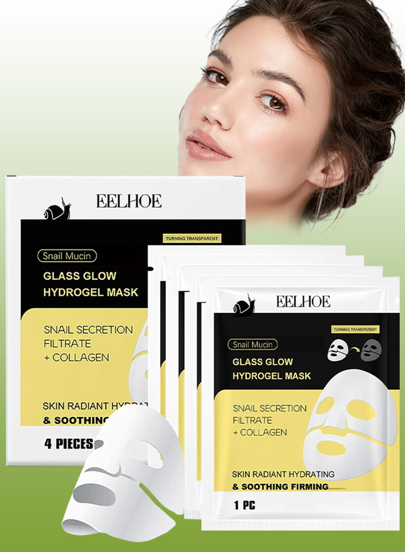 EELHOE 4 pcs Advanced Snail Mucin Glass Glow Hydrogel Face Mask Hydrating Lifting Soothing and Firming Facial Mask Snail Mucin Collagen Face Mask Anti Wrinkle Face Mask Glass Skin Collagen Facial Mask