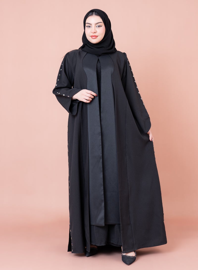 IKKXA Luxury Beadwork Open Abaya AIK04 Black - Image 1