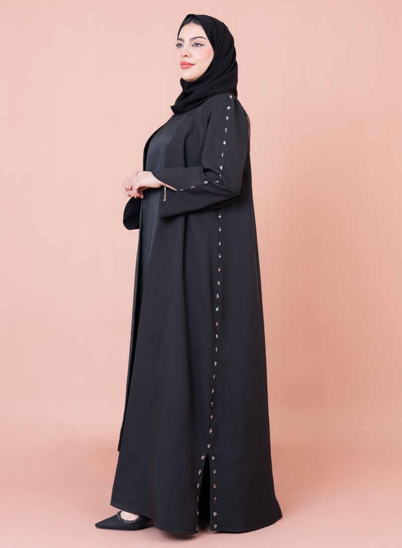 IKKXA Luxury Beadwork Open Abaya AIK04 Black - Image 3