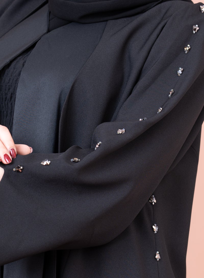 IKKXA Luxury Beadwork Open Abaya AIK04 Black - Image 2