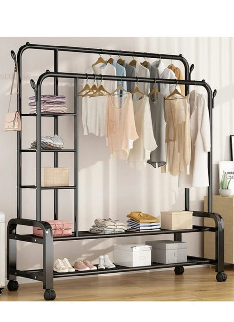 Metal clothes hanger organizer, clothes rack and side shelves, black with wheels