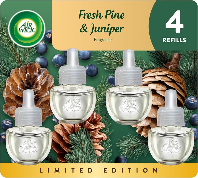 Air Wick عبوة إعادة تعبئة زيت معطر، مشبعة بالزيوت الأساسية، معطرات هواء قابلة للتوصيل للمنزل، صنوبر طازج وعرعر، 4 قطع - Image 1