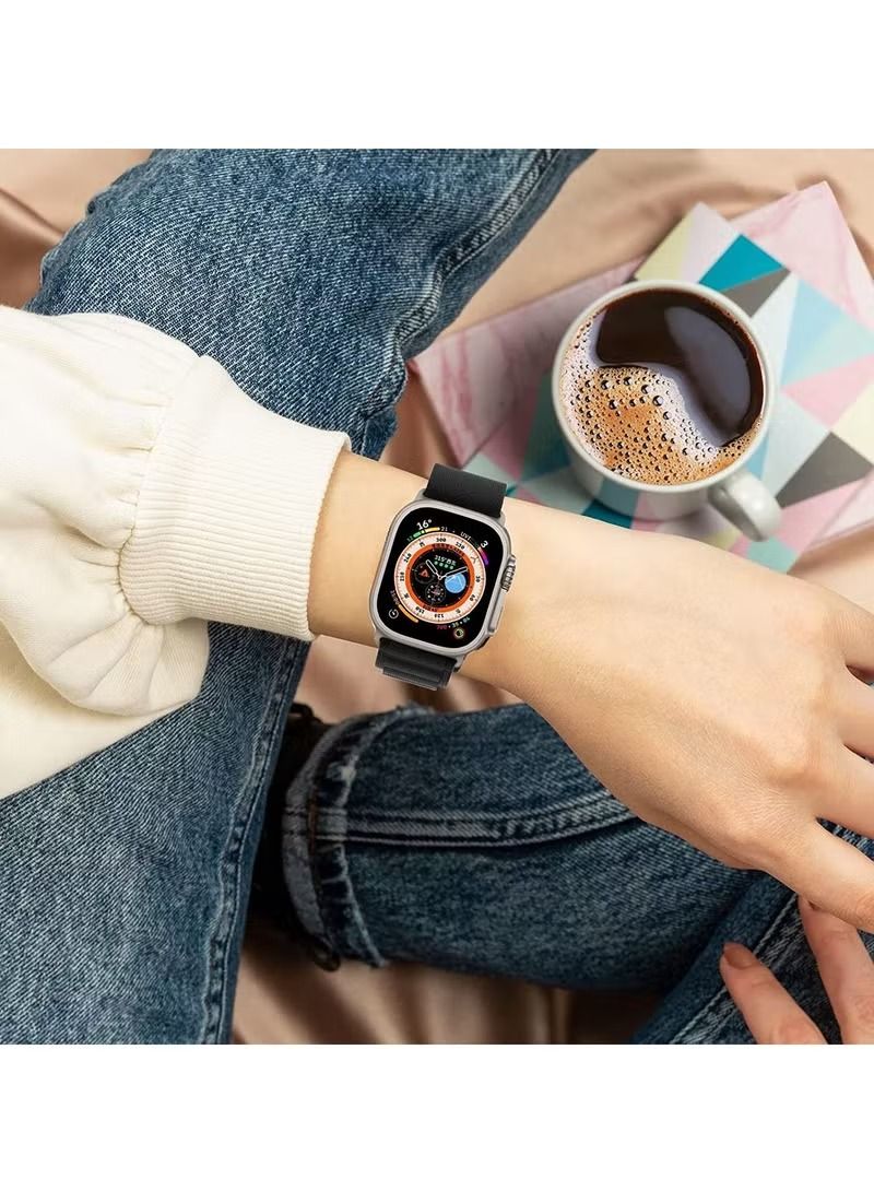 إيف حلقة Alpine متوافقة مع سوار ساعة أبل لاستبدال فائق مقاس 49 ملم للنساء والرجال والرجال الرياضي المنسوج من البوليستر G الخطاف لشريط iWatch Ultra Series SE 8/7/6/5/4/3/2/1 (أسود) - Image 3