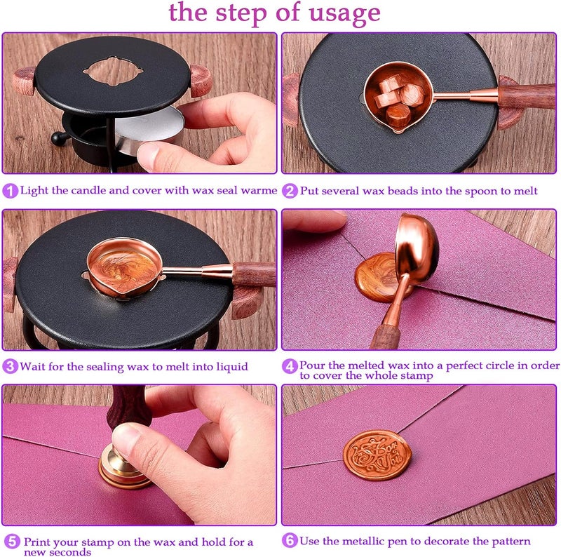 YIPLED Wax Seal Stamp Kit, 24 Colors 748 Pcs Sealing Wax Beads with Wax Seal Stamp, Tea Candles, Stamp Warmer, Melting Spoon, Envelopes and Metallic Pens, Wax Seal Kit for Birthday & Gift Decoration - Image 4