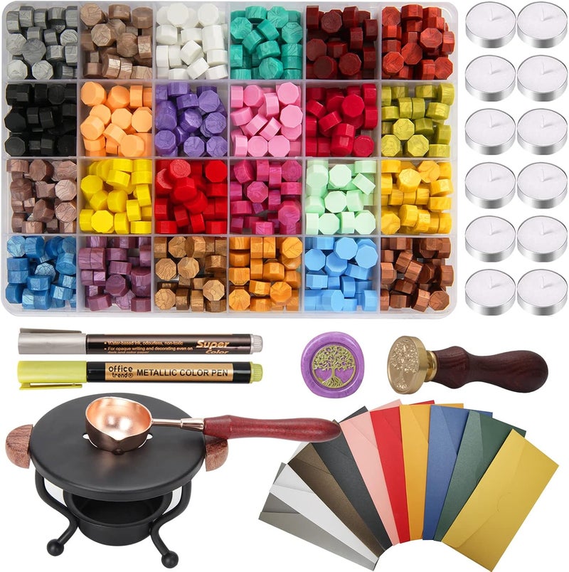 YIPLED Wax Seal Stamp Kit, 24 Colors 748 Pcs Sealing Wax Beads with Wax Seal Stamp, Tea Candles, Stamp Warmer, Melting Spoon, Envelopes and Metallic Pens, Wax Seal Kit for Birthday & Gift Decoration - Image 1