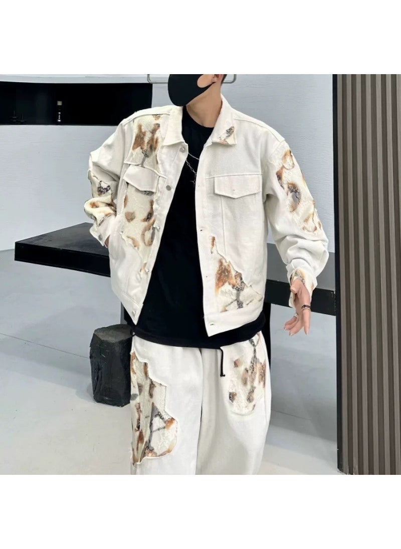 Generic Unique Fire Burning Splicing Design Denim Suit Mens American Style Cropped Jacket Straight-Leg Trousers 2-Piece Set Casual Styl White 