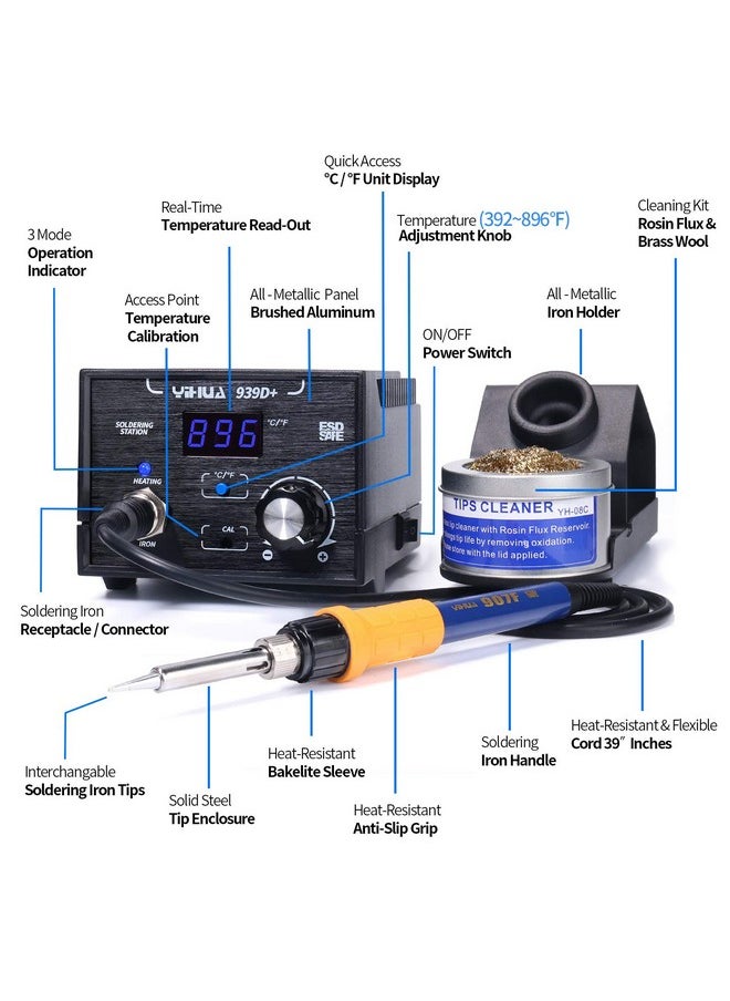 YIHUA 939D+ Digital Soldering Station, 75W Equivalent with Precision Heat Control (392°F to 896°F) and Built-in Transformer. ESD Safe, Lead Free with °C/°F display (Black) - pzsku/Z59EE433688D1AFA83254Z/45/_/1740118886/76482e32-34c5-4f12-9bff-b19f68da4031