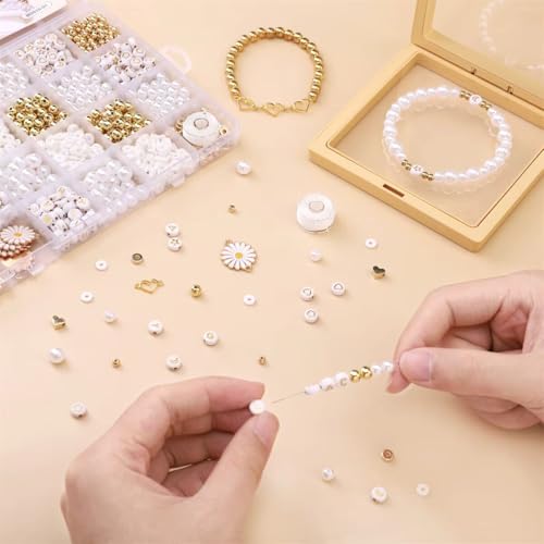 Guellix White Gold DIY Bracelet Making Kit for Girls & Women | Jewelry Making Set with Alphabet Beads Pearl Charms Elastic Thread Tools & Storage Box | Art Craft Hobby Gift Set - Image 4