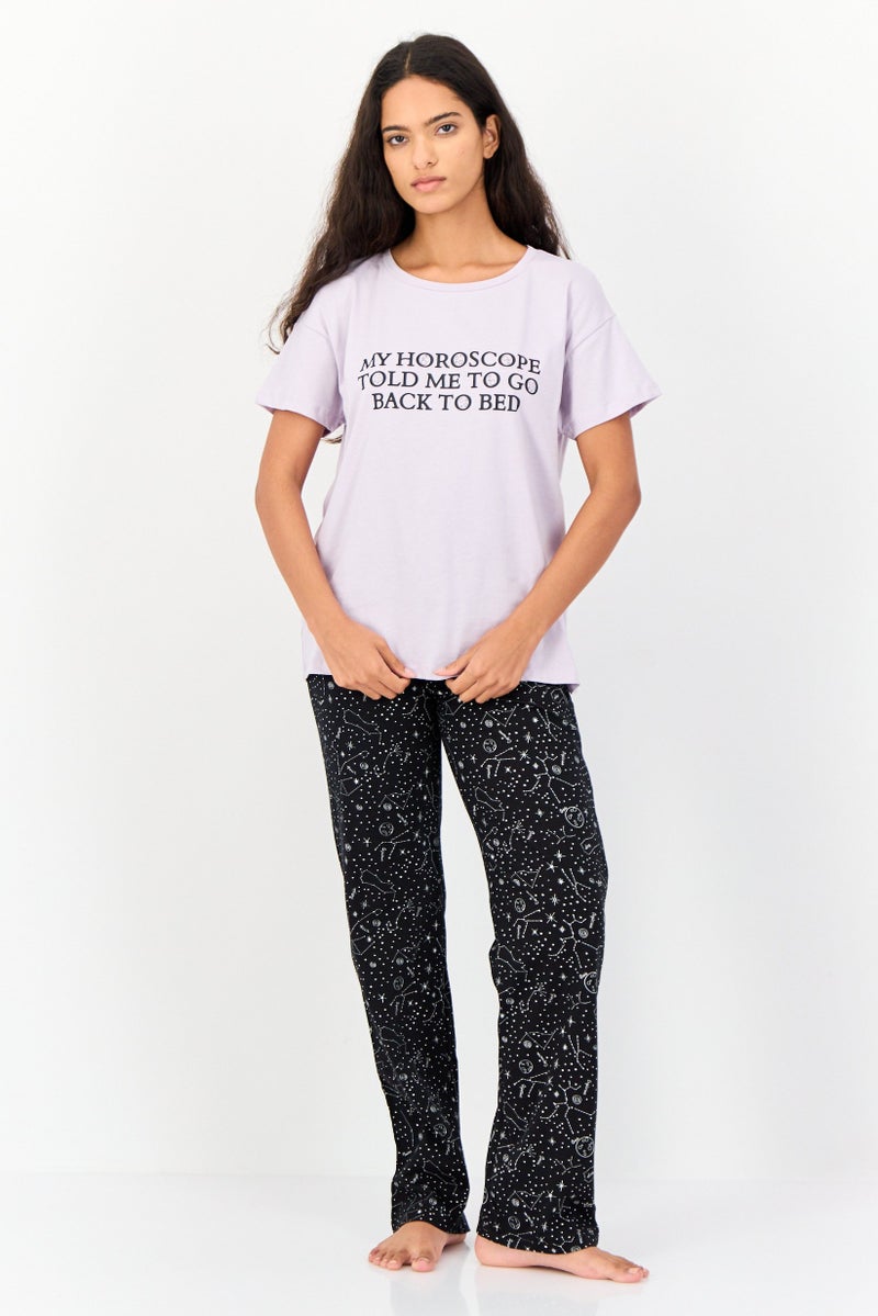 KOTON Women 2 Pcs Printed T-Shirt And Pants Sleepwear Set, Multicolor - Image 1