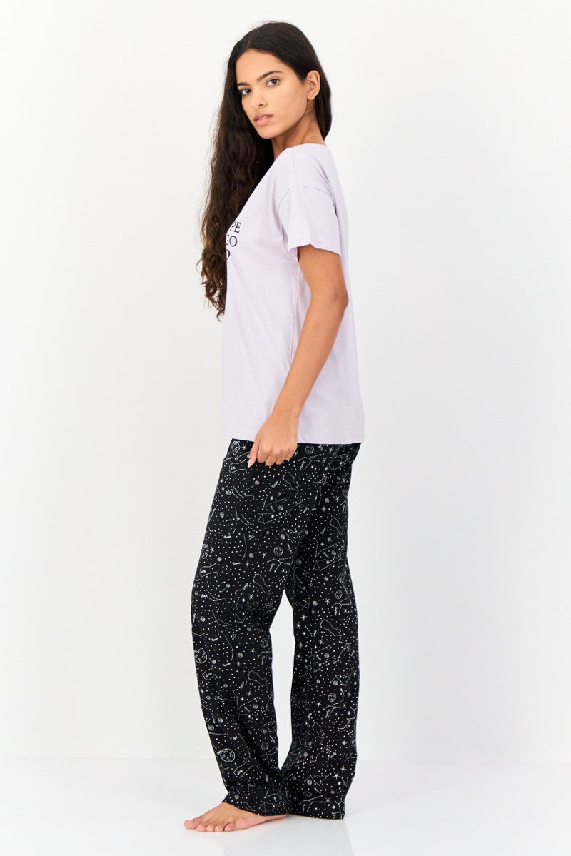 KOTON Women 2 Pcs Printed T-Shirt And Pants Sleepwear Set, Multicolor - Image 2