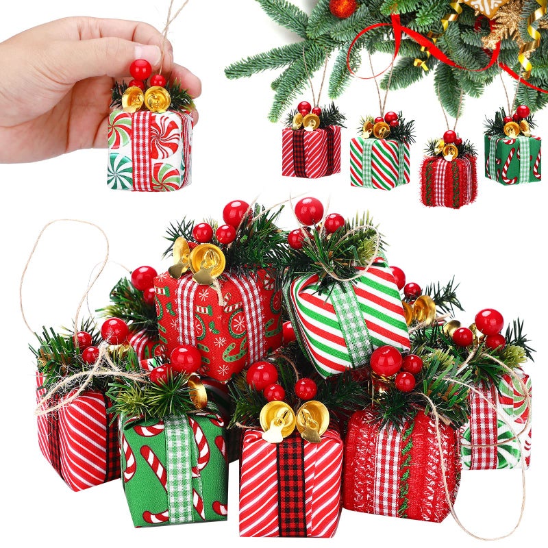 12 Pcs Christmas Tree Mini Gift Boxes Christmas Tree Ornaments Present Decoration Christmas Ornaments Pendant Decoration with Bells Christmas Berries for Indoor Outdoor Xmas Tree Party Holiday Decor