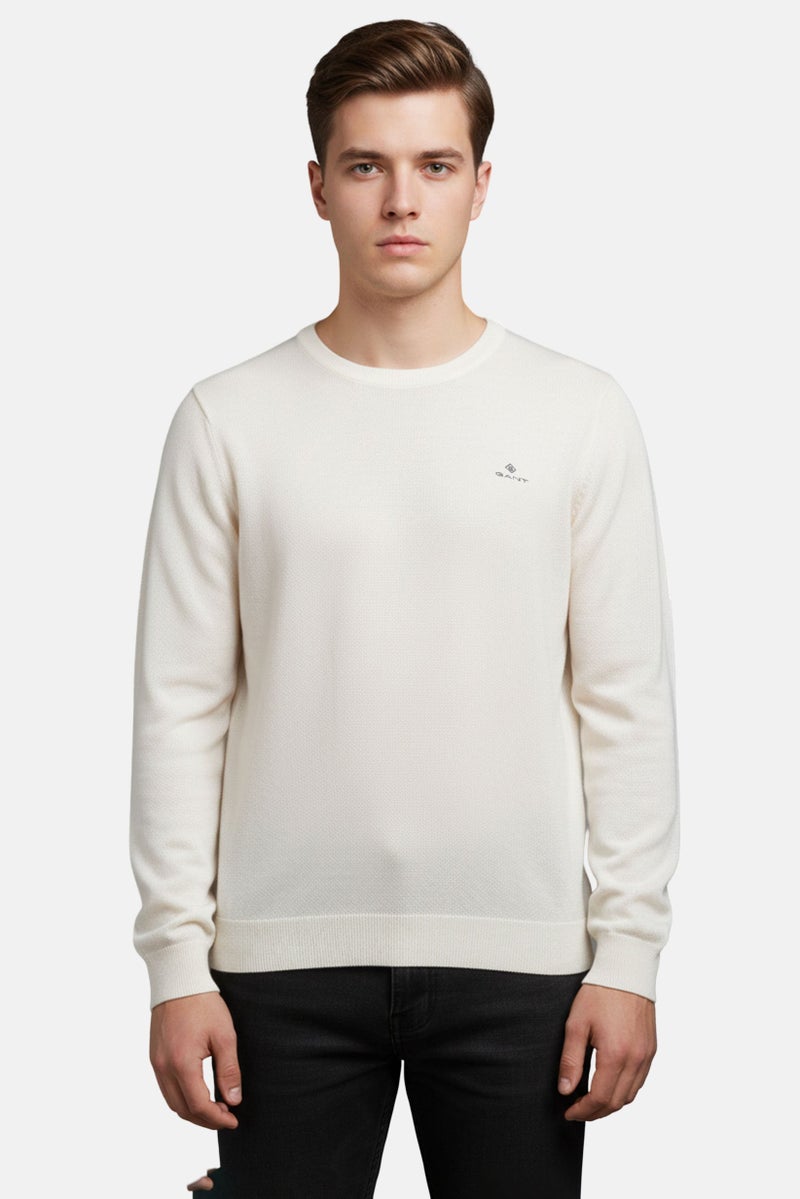 GANT Men Crew Neck Embroidered Logo Long Sleeves Sweatshirt, Off White - Image 1