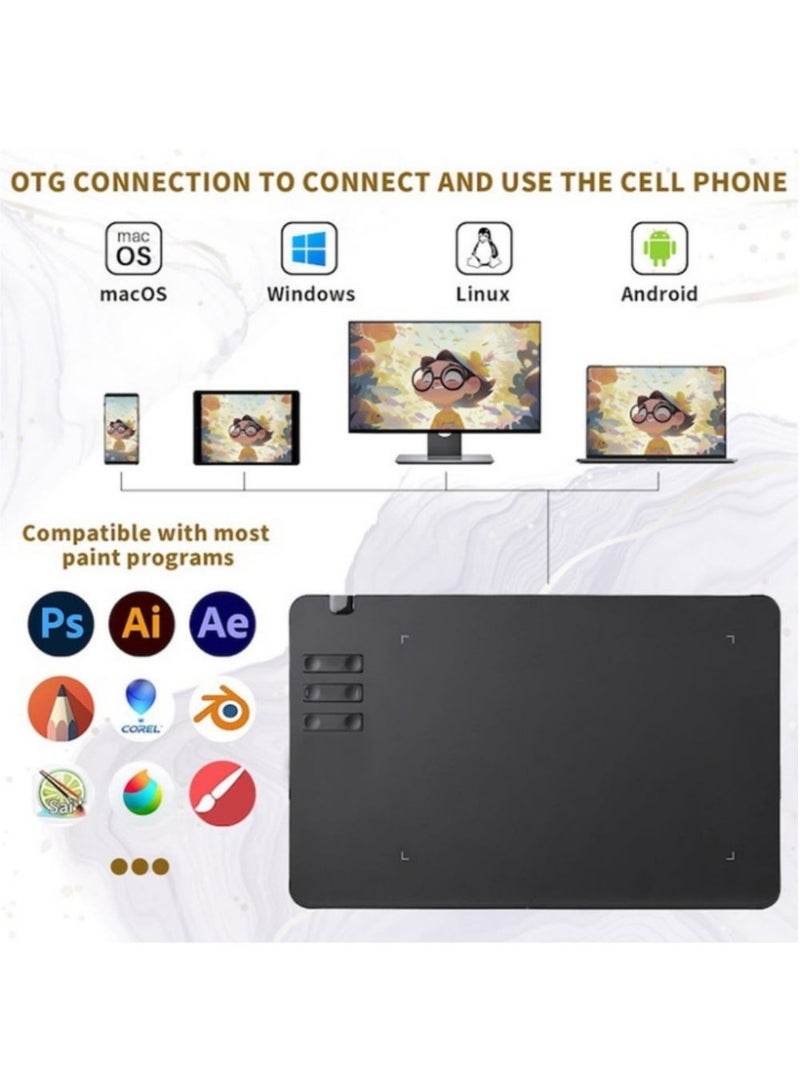 excitat Drawing Tablet, EXCITAT T605, 5080 LPI, 8192 Levels Pressure, 330 PPS, Battery-Free Stylus, Lcd writing tablet, 6 Shortcut Keys, Digital Art Tablet for Drawing, ablet with Pen, 8 spare nibs and OTG adapter, Game and Teaching Online Classes, Support Tilt Function Work, Support Windows Mac Linux Chrome Android OS, black - Image 5