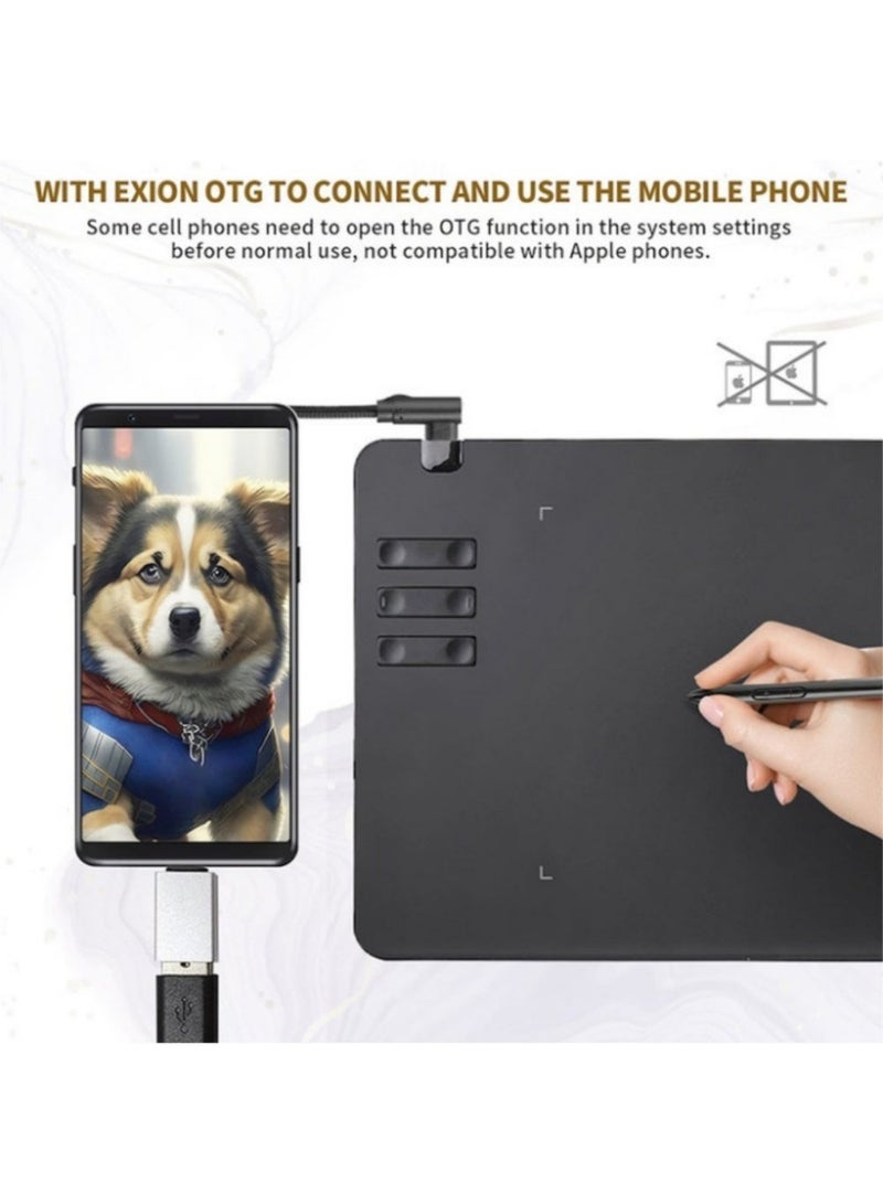 excitat Drawing Tablet, EXCITAT T605, 5080 LPI, 8192 Levels Pressure, 330 PPS, Battery-Free Stylus, Lcd writing tablet, 6 Shortcut Keys, Digital Art Tablet for Drawing, ablet with Pen, 8 spare nibs and OTG adapter, Game and Teaching Online Classes, Support Tilt Function Work, Support Windows Mac Linux Chrome Android OS, black - Image 3