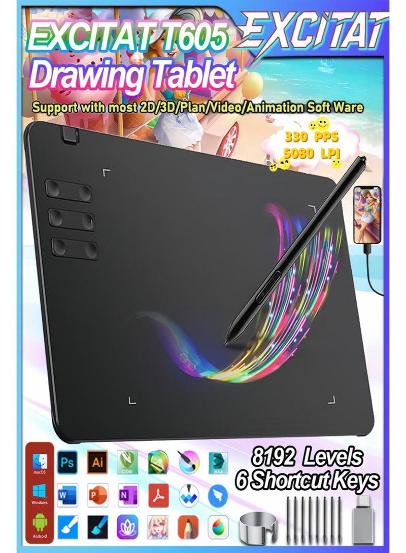 excitat Drawing Tablet, EXCITAT T605, 5080 LPI, 8192 Levels Pressure, 330 PPS, Battery-Free Stylus, Lcd writing tablet, 6 Shortcut Keys, Digital Art Tablet for Drawing, ablet with Pen, 8 spare nibs and OTG adapter, Game and Teaching Online Classes, Support Tilt Function Work, Support Windows Mac Linux Chrome Android OS, black - Image 1