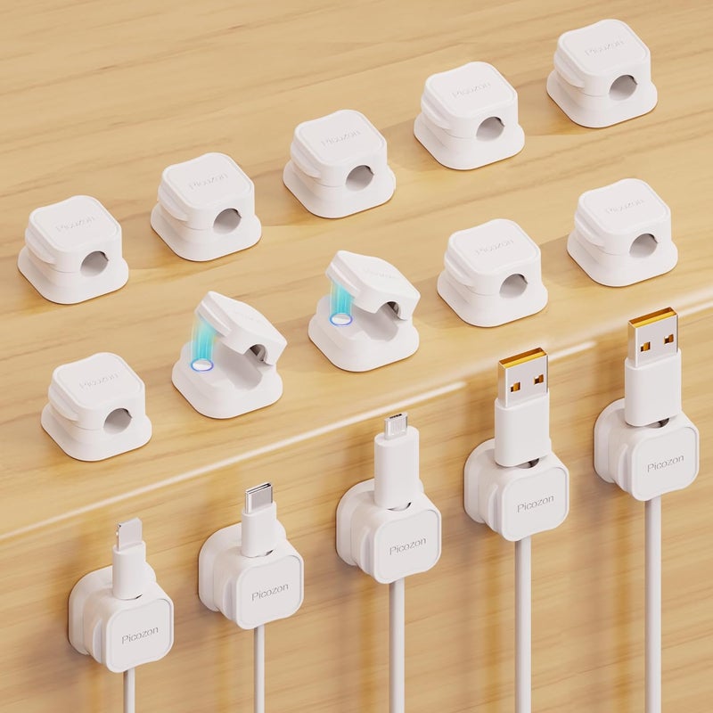 Picozon 15 Pack Magnetic Cable Clip Organizer Cord Holder, Adhesive Cable Management, Wire Phone USB Charger Cable Holder Keeper Organizer for Car, Office Home Desktop, Wall, Night Table - White - Image 1
