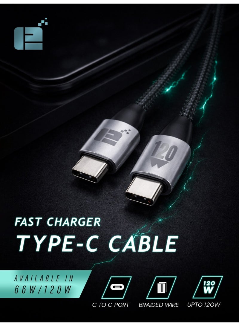 TWELVE 120W Fast Charging Cable Type-C to Type-C 1.2M Braided USB-C Cable for Smartphones, Tablets and Laptops Model TWU1221 - Image 1