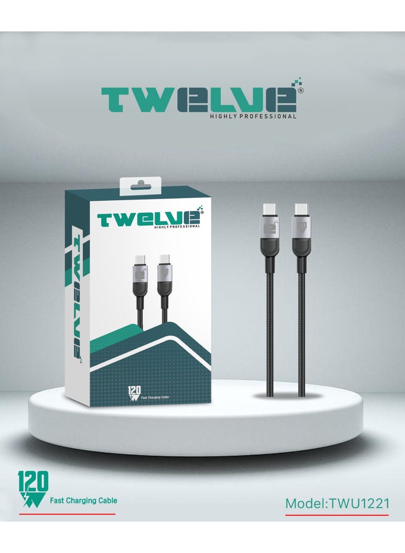 TWELVE 120W Fast Charging Cable Type-C to Type-C 1.2M Braided USB-C Cable for Smartphones, Tablets and Laptops Model TWU1221 - Image 2