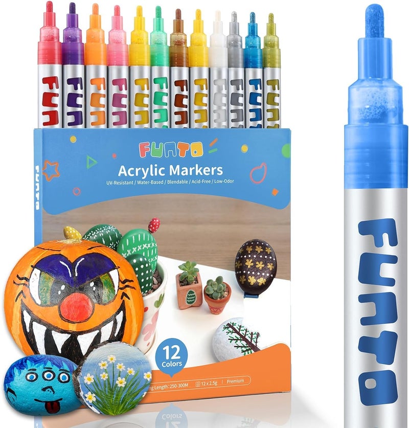 Funto Acrylic Paint Pens for Rock Painting, Fabric, Wood, Canvas, Metal, Ceramic, Glass, 12 Colors Paint Marker Set, Non-Toxic, Quick Drying - Image 1
