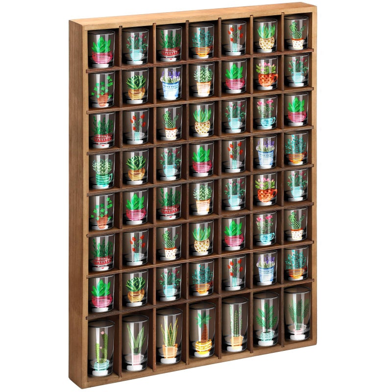 Barydat Shot Glass Display Case Wood Shot Glass shelf holder 56 Compartments Wallmounted Rustic Bar CabinetBrown1 Pcs