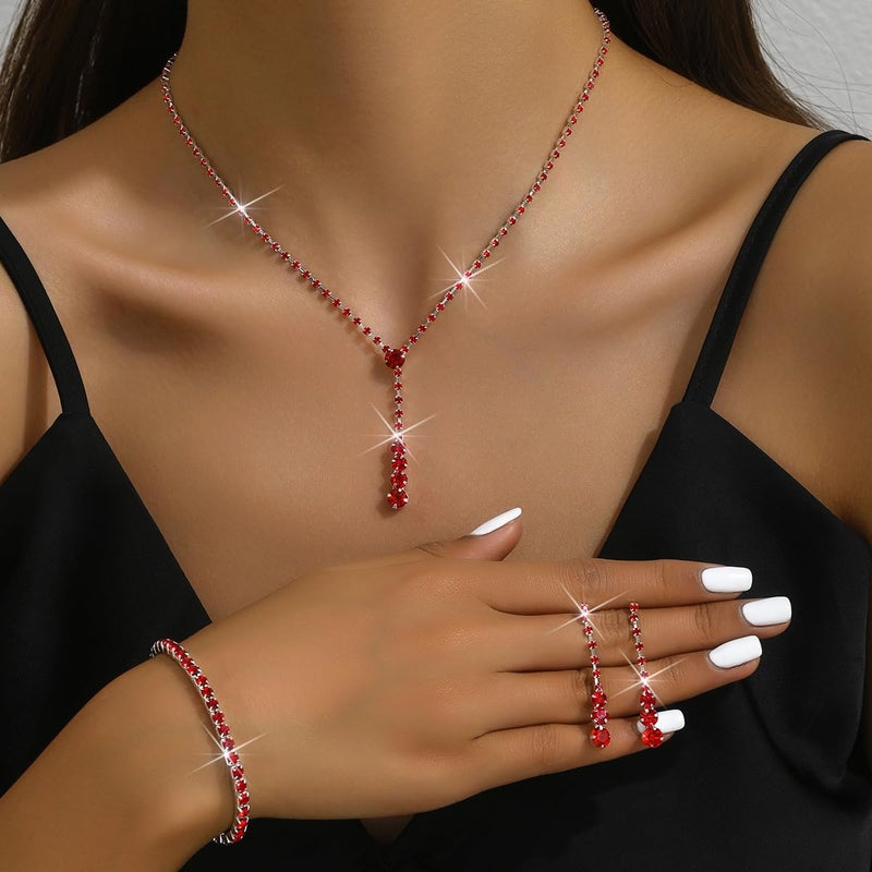 MIFYNN Rhinestone Wedding Set for Women Sparkle Crystal Earrings Necklace Bracelet Jewelry Set Wedding Party Prom Jewelry Set for Brides Bridesmaid (Red) - Image 3