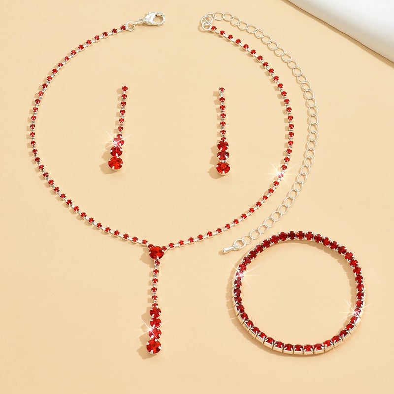 MIFYNN Rhinestone Wedding Set for Women Sparkle Crystal Earrings Necklace Bracelet Jewelry Set Wedding Party Prom Jewelry Set for Brides Bridesmaid (Red) - Image 4