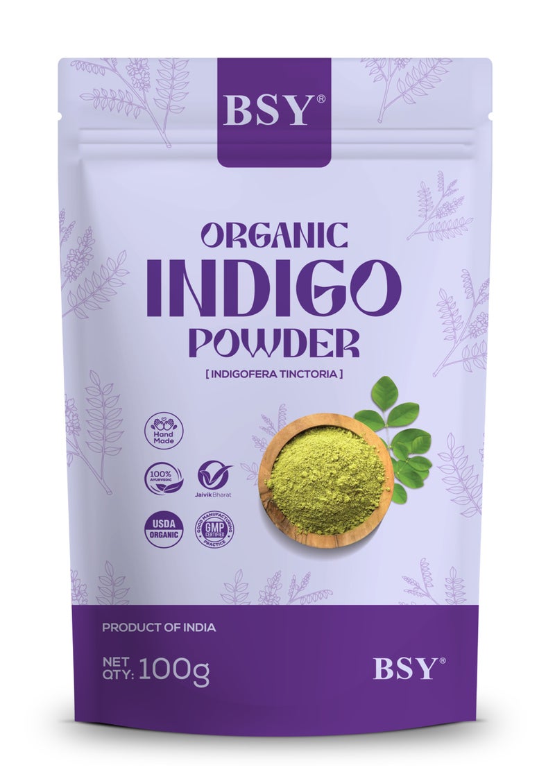 BSY Organic Indigo Powder 100g – Natural Herbal Hair Color Powder – Indigofera Tinctoria for Dark Hair Coloring, Hair Strengthening & Scalp Care - Image 1