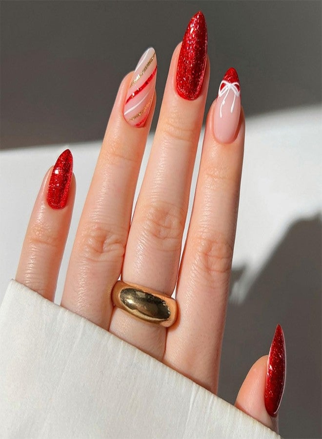 yefiuo Christmas Press on Nails Short Almond Fake Nails Press ons Nail Tips Kit YEFIUO False Nails with Red Glitter Bow French Design Artificial Acrylic Glue on Nails Stick on Nails for Women Manicure 24Pcs - Image 1