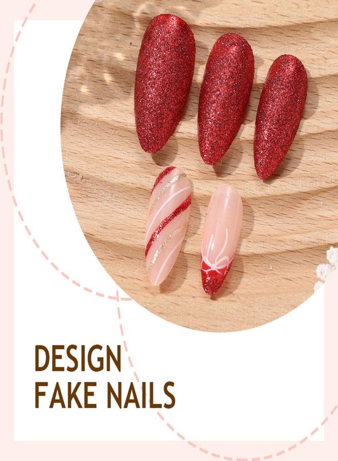 yefiuo Christmas Press on Nails Short Almond Fake Nails Press ons Nail Tips Kit YEFIUO False Nails with Red Glitter Bow French Design Artificial Acrylic Glue on Nails Stick on Nails for Women Manicure 24Pcs - Image 4