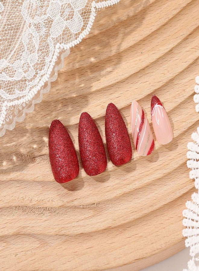 yefiuo Christmas Press on Nails Short Almond Fake Nails Press ons Nail Tips Kit YEFIUO False Nails with Red Glitter Bow French Design Artificial Acrylic Glue on Nails Stick on Nails for Women Manicure 24Pcs - Image 3