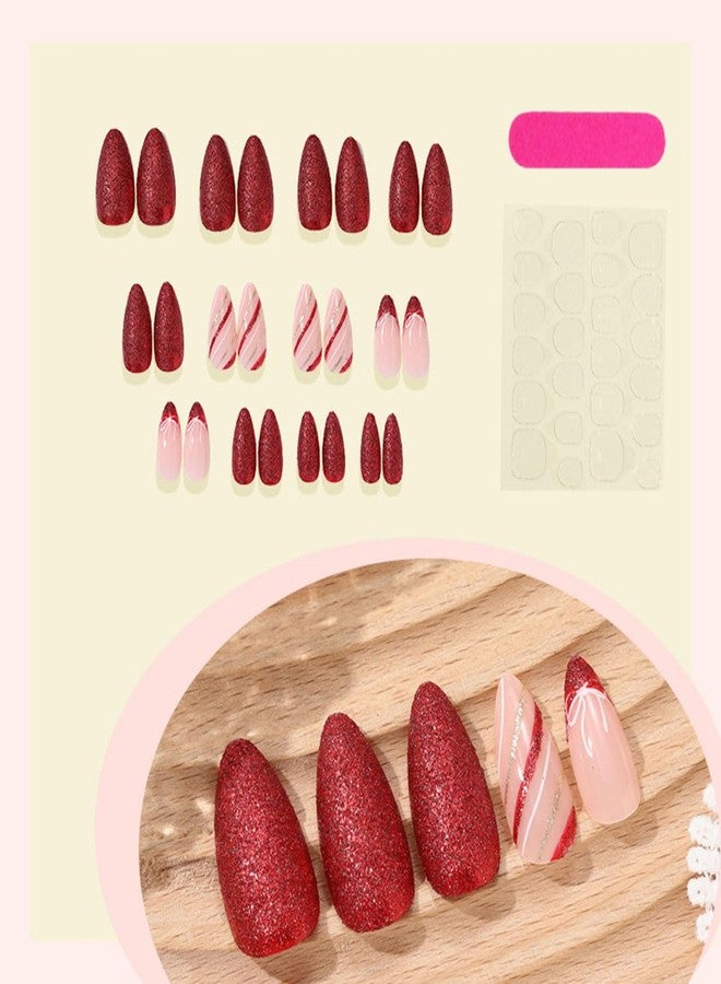 yefiuo Christmas Press on Nails Short Almond Fake Nails Press ons Nail Tips Kit YEFIUO False Nails with Red Glitter Bow French Design Artificial Acrylic Glue on Nails Stick on Nails for Women Manicure 24Pcs - Image 5