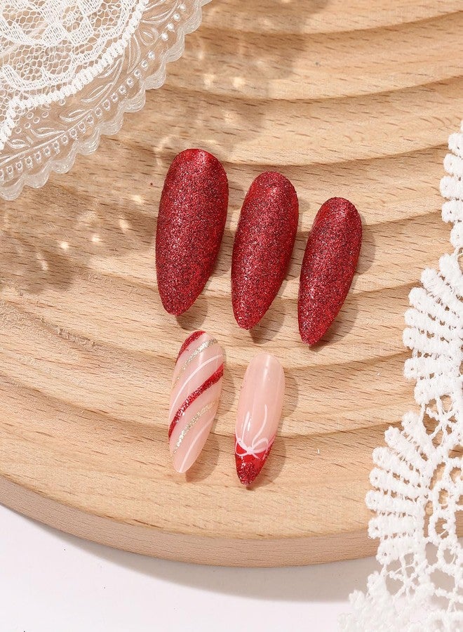 yefiuo Christmas Press on Nails Short Almond Fake Nails Press ons Nail Tips Kit YEFIUO False Nails with Red Glitter Bow French Design Artificial Acrylic Glue on Nails Stick on Nails for Women Manicure 24Pcs - Image 2