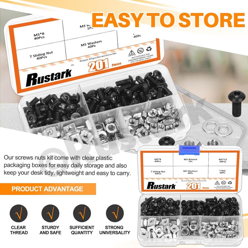Rustark 201Pcs Black M5 T-Nuts Screws Assortment Kit with Wrench - Image 5
