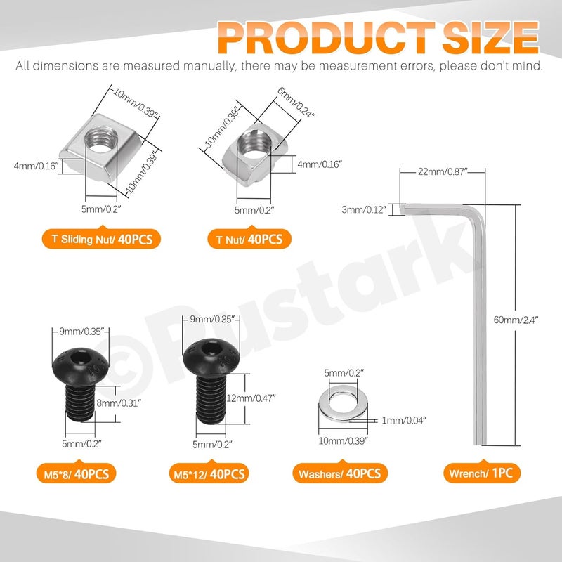 Rustark 201Pcs Black M5 T-Nuts Screws Assortment Kit with Wrench - Image 2