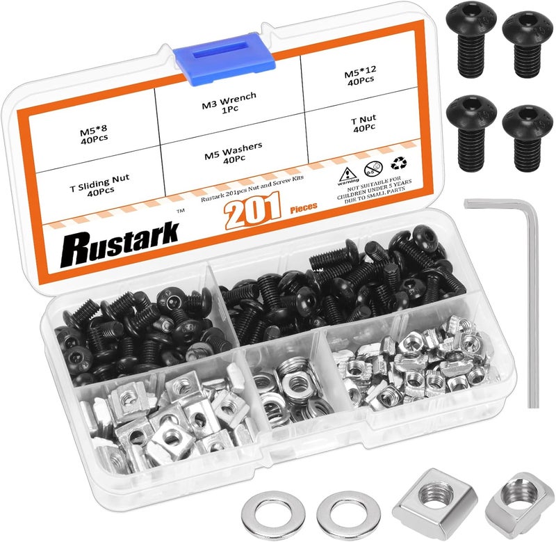 Rustark 201Pcs Black M5 T-Nuts Screws Assortment Kit with Wrench - Image 1