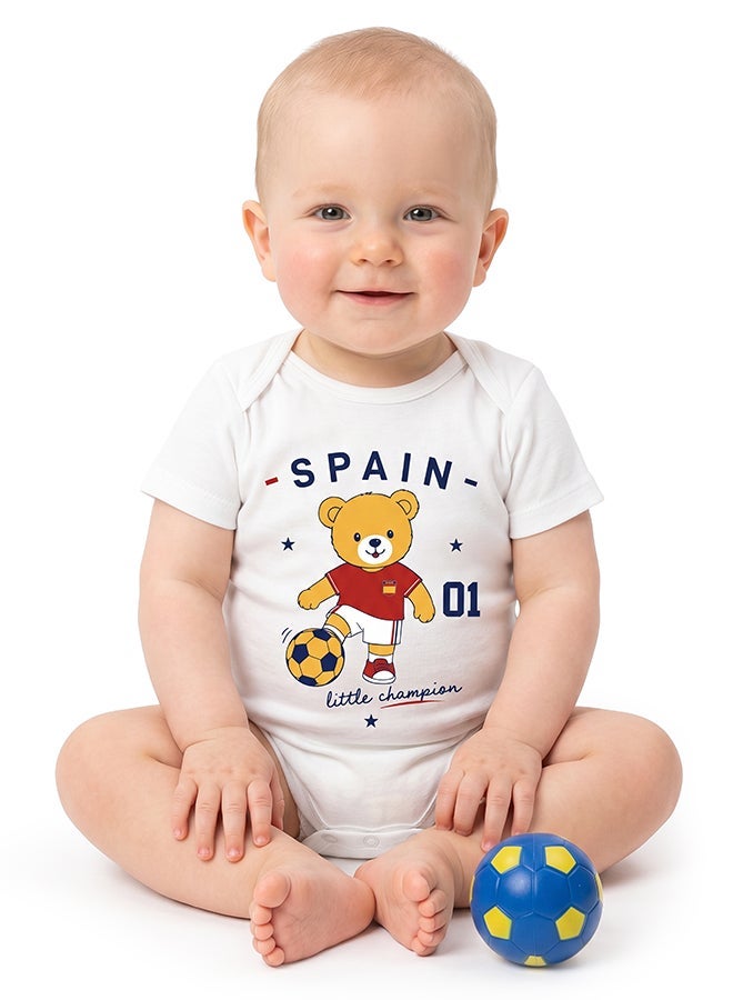 FIFA Spain Football Printed Unisex Baby Onesie, Little Champion Teddy Graphic, Soft Cotton Infant Bodysuit - White - Image 3