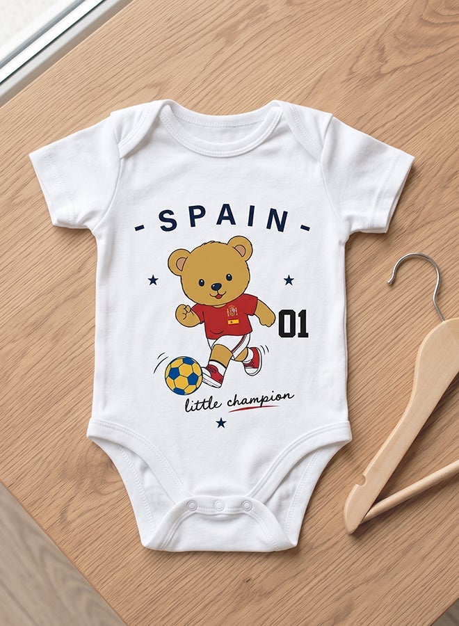 FIFA Spain Football Printed Unisex Baby Onesie, Little Champion Teddy Graphic, Soft Cotton Infant Bodysuit - White - Image 1