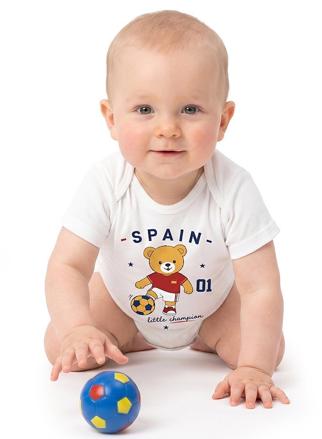 FIFA Spain Football Printed Unisex Baby Onesie, Little Champion Teddy Graphic, Soft Cotton Infant Bodysuit - White - Image 5