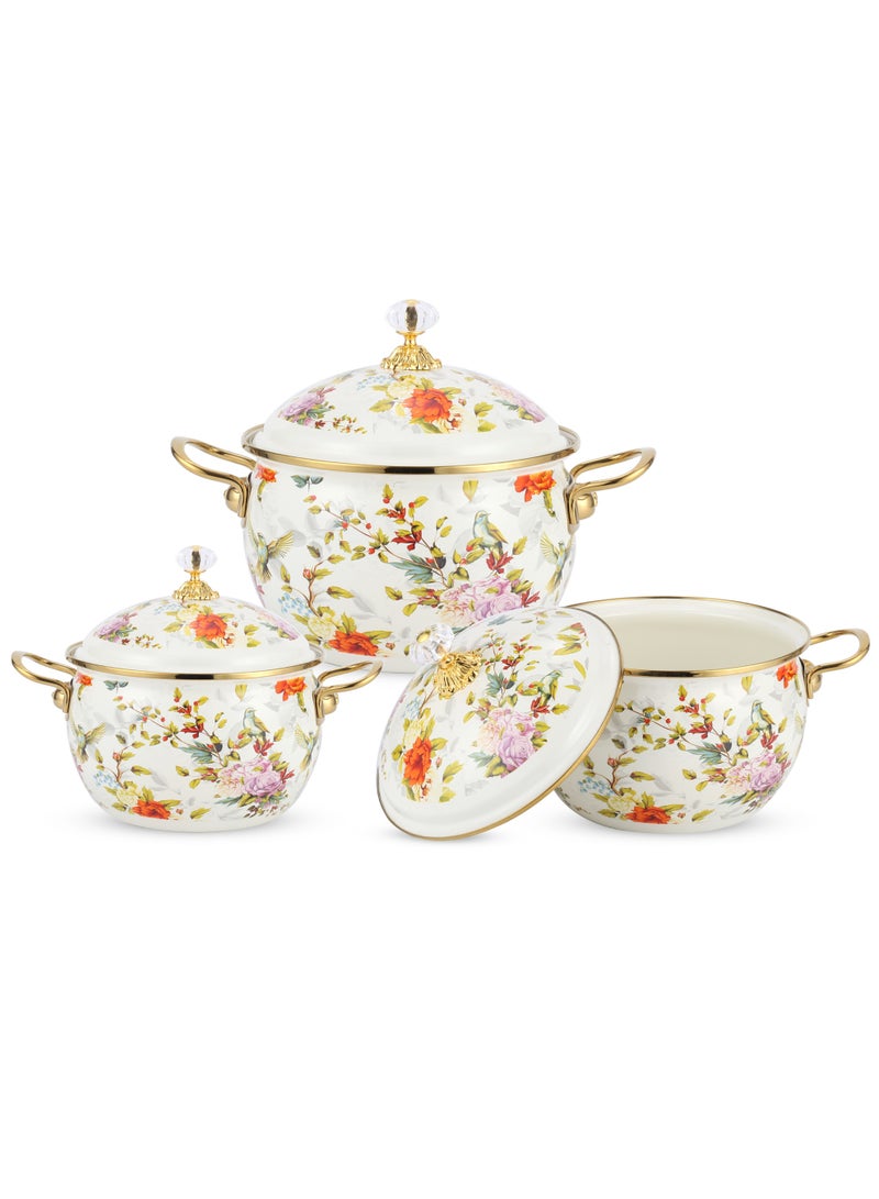 Life Smile 6-Pcs Floral Pattern Enameled Cookware Set - Kitchen Cooking Pots Set with Lids, 100% PFOA Free and Safe Soup Pots ,Induction Bottom Cookwares includes 20cm (4.0L)/22cm(5.2L)/ 24cm(6.5L) Casseroles with Lid - Image 1