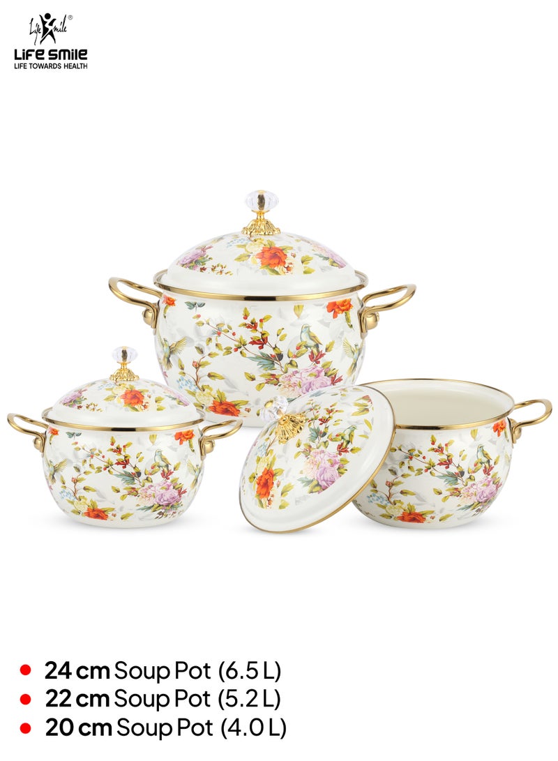Life Smile 6-Pcs Floral Pattern Enameled Cookware Set - Kitchen Cooking Pots Set with Lids, 100% PFOA Free and Safe Soup Pots ,Induction Bottom Cookwares includes 20cm (4.0L)/22cm(5.2L)/ 24cm(6.5L) Casseroles with Lid - Image 2
