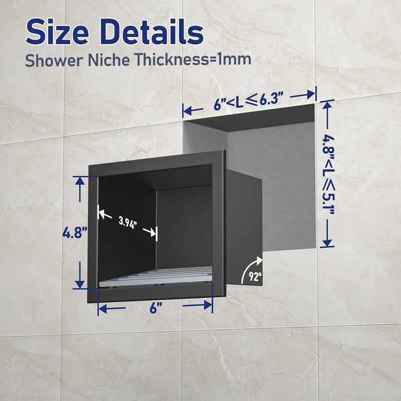 Bernkot Shower Niche, 304 Stainless Steel Wall Niche Shower Stool for Bathroom, Recessed Shower Footrest w/Over Mount Installation, No Tile Needed (Matte Black, 4.8''x6'') - Image 3