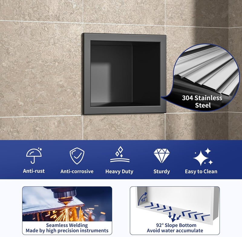 Bernkot Shower Niche, 304 Stainless Steel Wall Niche Shower Stool for Bathroom, Recessed Shower Footrest w/Over Mount Installation, No Tile Needed (Matte Black, 4.8''x6'') - Image 4
