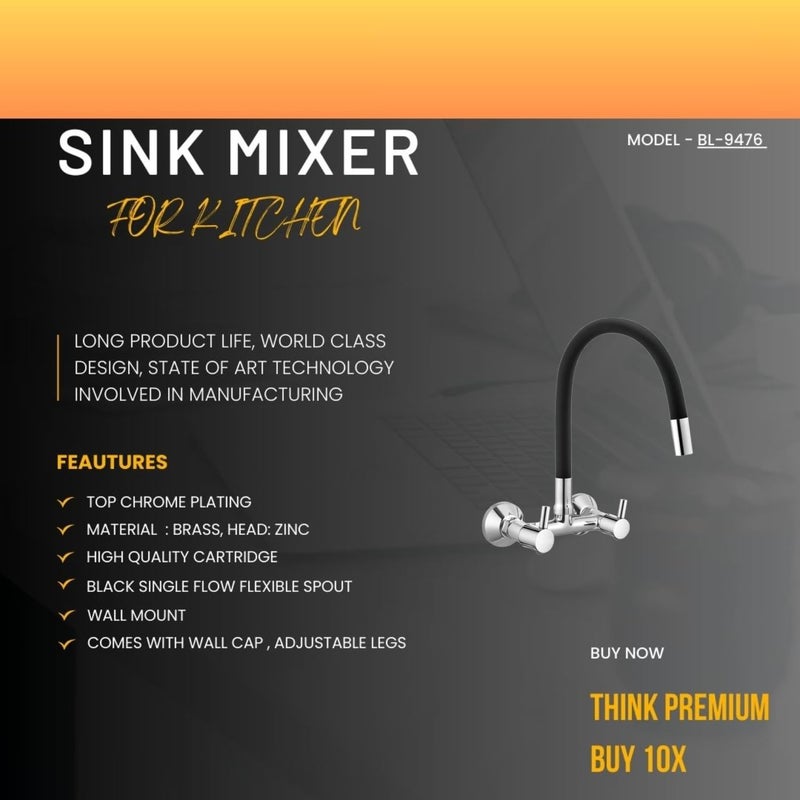 10X صنبور خلط حوض نحاسي للمطبخ BTl-9876 برأس مرن تدفق مزدوج أسود مع ميزة الماء الساخن/البارد، كروم (تدفق واحد) - Image 2