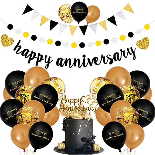 BANBALLON Happy Anniversary Decorations, Glitter Gold Black Happy Wedding Decorations Sets with Banner, Cake Topper, Glitter Hanging and Balloons for All Ages' Anniversary Party Decorations - Image 1