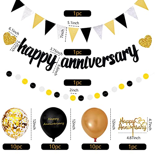 BANBALLON Happy Anniversary Decorations, Glitter Gold Black Happy Wedding Decorations Sets with Banner, Cake Topper, Glitter Hanging and Balloons for All Ages' Anniversary Party Decorations - Image 2
