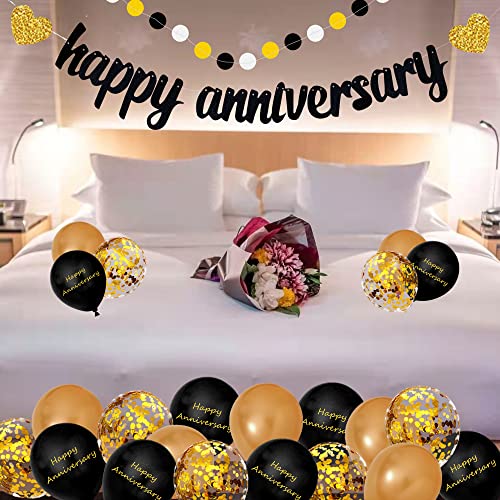 BANBALLON Happy Anniversary Decorations, Glitter Gold Black Happy Wedding Decorations Sets with Banner, Cake Topper, Glitter Hanging and Balloons for All Ages' Anniversary Party Decorations - Image 5