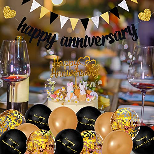 BANBALLON Happy Anniversary Decorations, Glitter Gold Black Happy Wedding Decorations Sets with Banner, Cake Topper, Glitter Hanging and Balloons for All Ages' Anniversary Party Decorations - Image 4