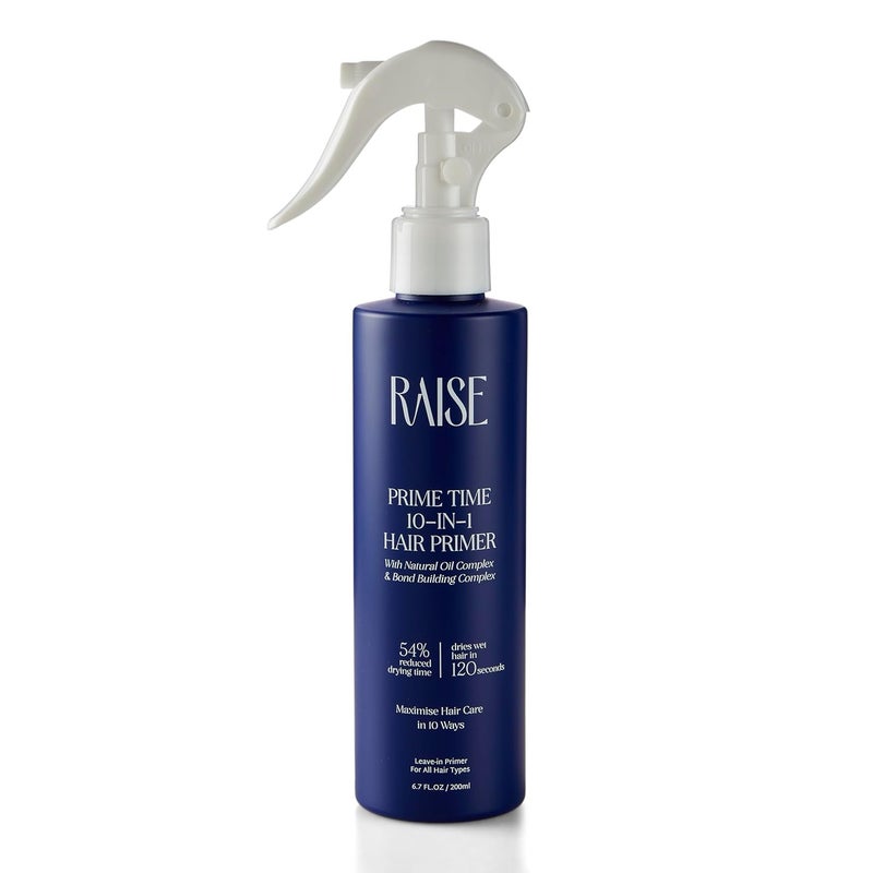 Raise Prime Time 10in1 Hair Primer  Heat Protectant with 10 Benefits  Enriched with Argan Oil  SLS  Paraben Free  Cuts Drying Time by 54  Frizz Control  200ml - Image 1