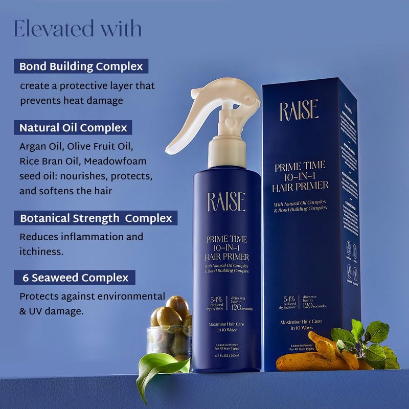 Raise Prime Time 10in1 Hair Primer  Heat Protectant with 10 Benefits  Enriched with Argan Oil  SLS  Paraben Free  Cuts Drying Time by 54  Frizz Control  200ml - Image 5